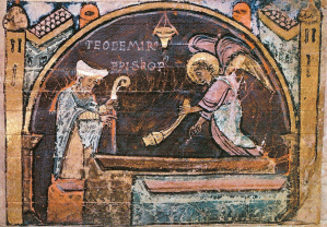 Teodomiro ante tumba apostol Santiago Tumbo Catedral S Compostela